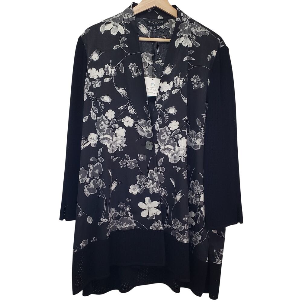 NWT MING WANG Heritage Fit Floral Print Tunic Cardigan Black Women's Size Large